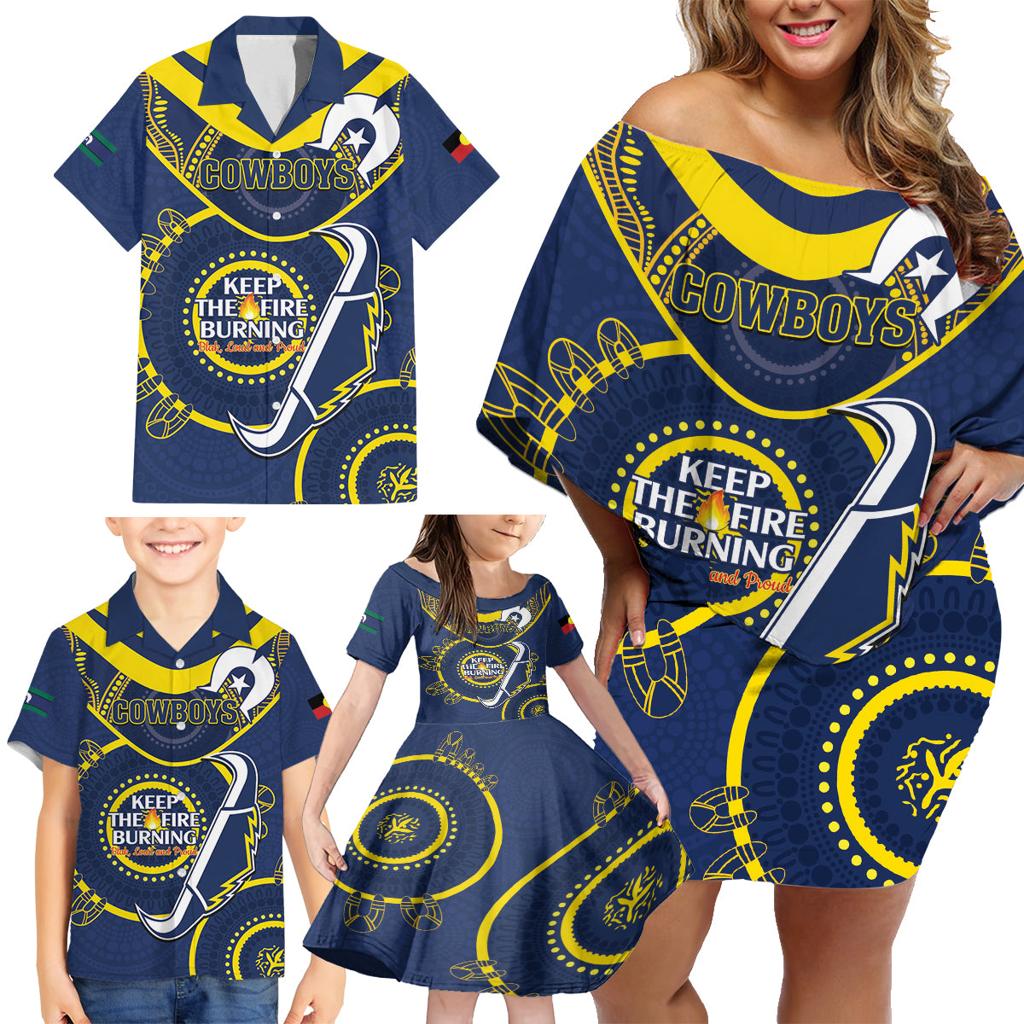 Custom NRL Cowboys NAIDOC Week Family Matching Off Shoulder Short Dress and Hawaiian Shirt Keep The Fire Burning Indigenous Art