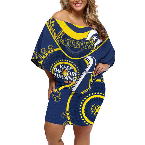 Custom NRL Cowboys NAIDOC Week Family Matching Off Shoulder Short Dress and Hawaiian Shirt Keep The Fire Burning Indigenous Art