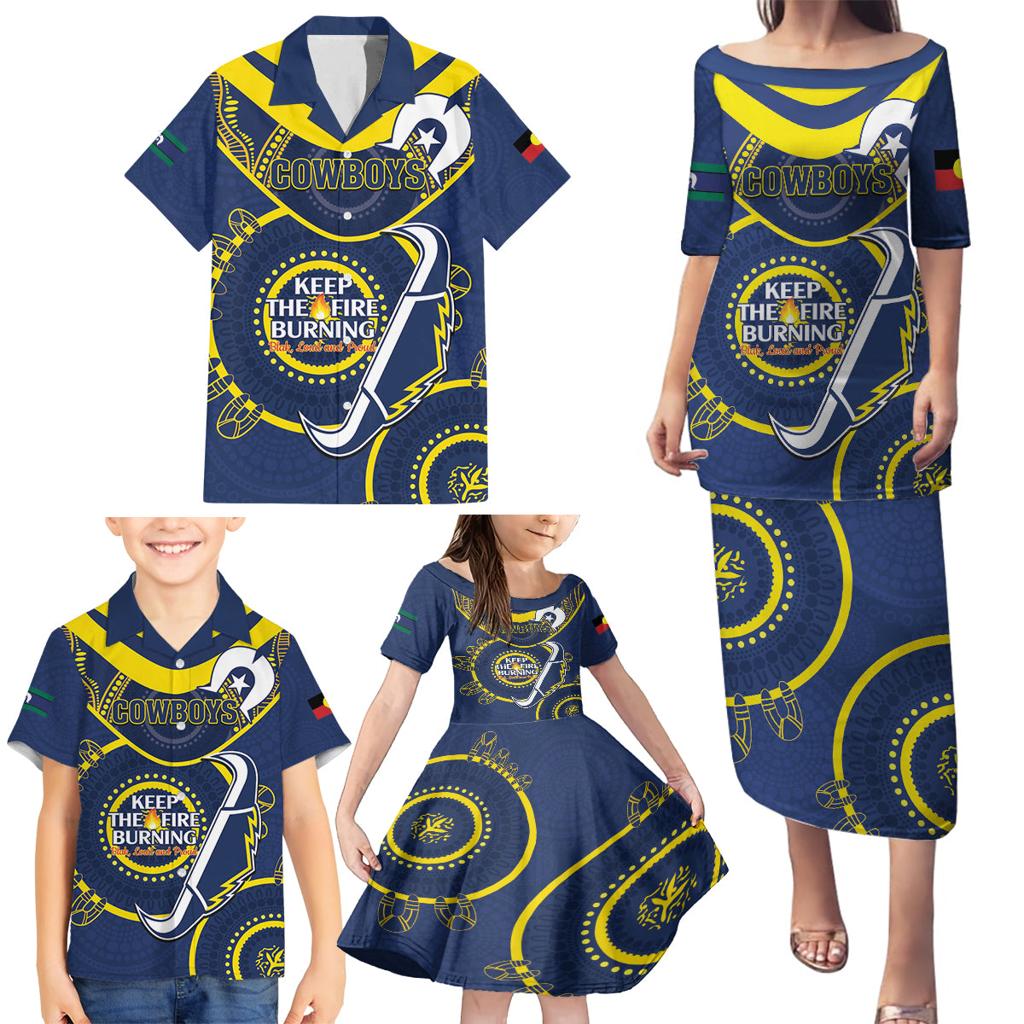 Custom NRL Cowboys NAIDOC Week Family Matching Puletasi and Hawaiian Shirt Keep The Fire Burning Indigenous Art