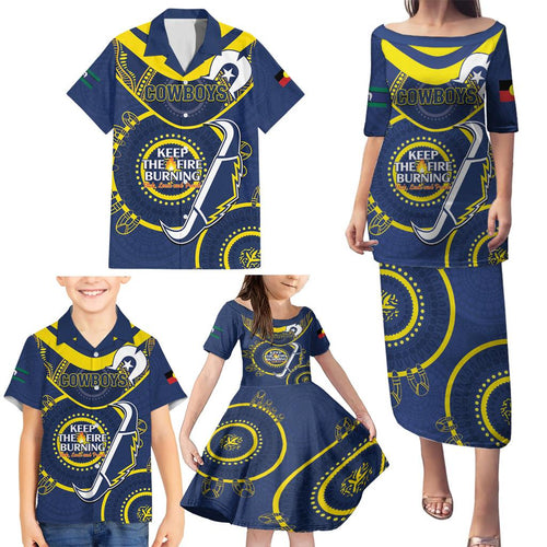 Custom NRL Cowboys NAIDOC Week Family Matching Puletasi and Hawaiian Shirt Keep The Fire Burning Indigenous Art