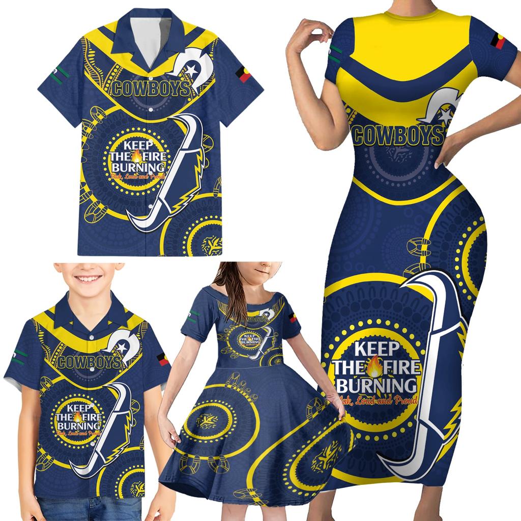Custom NRL Cowboys NAIDOC Week Family Matching Short Sleeve Bodycon Dress and Hawaiian Shirt Keep The Fire Burning Indigenous Art