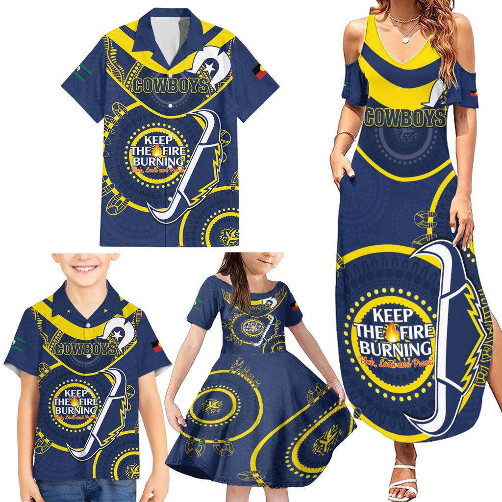 Custom NRL Cowboys NAIDOC Week Family Matching Summer Maxi Dress and Hawaiian Shirt Keep The Fire Burning Indigenous Art
