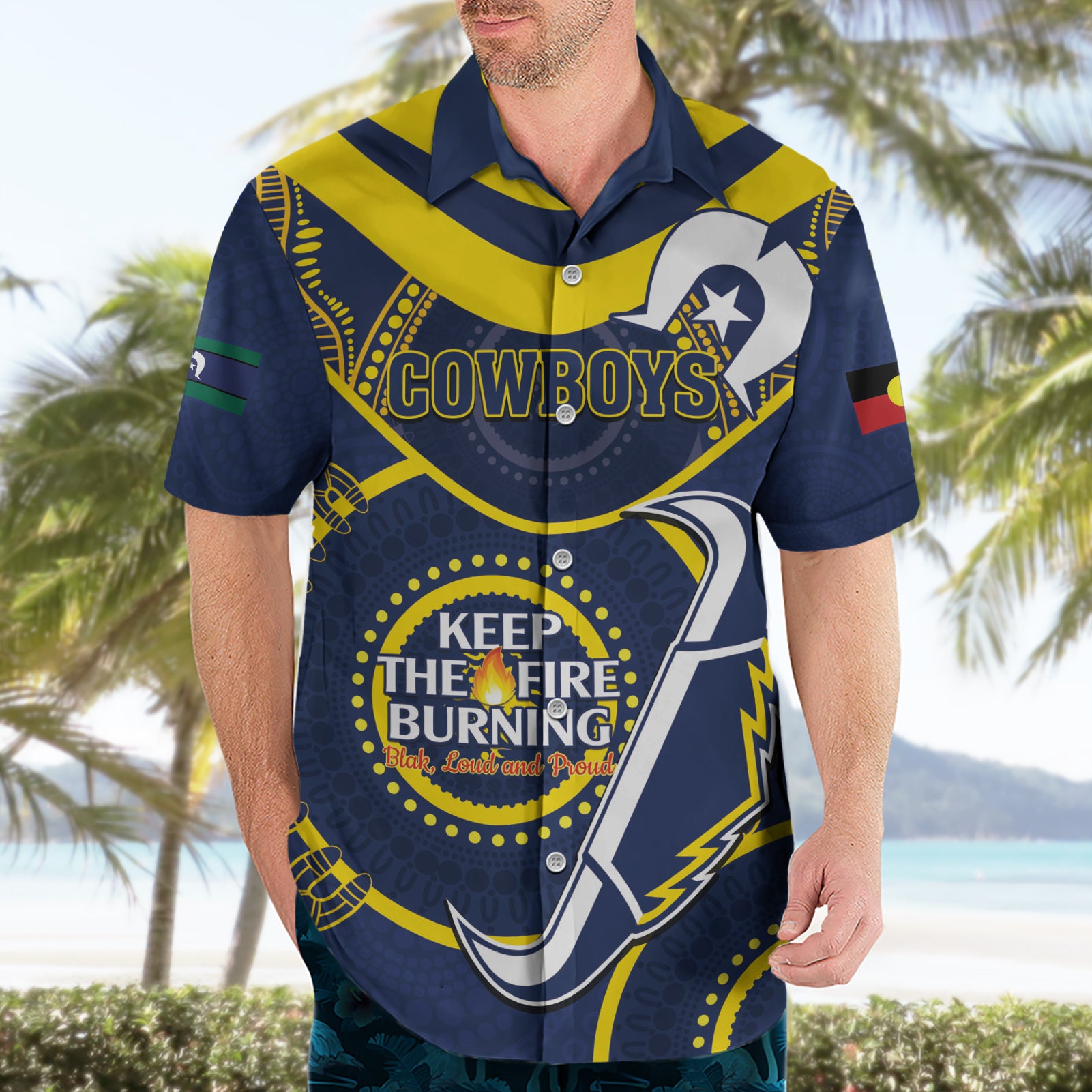 Custom NRL Cowboys NAIDOC Week Hawaiian Shirt Keep The Fire Burning Indigenous Art