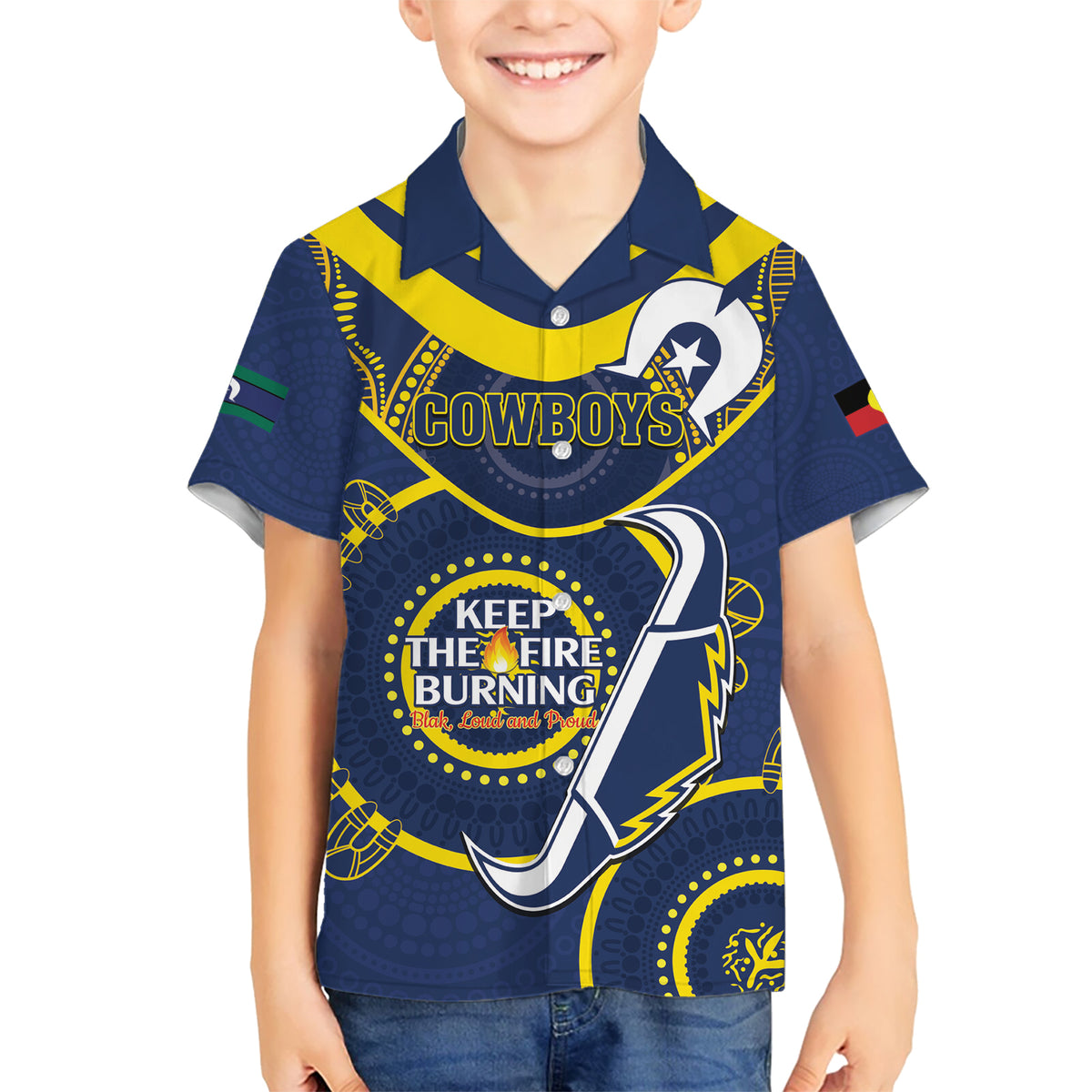 Custom NRL Cowboys NAIDOC Week Kid Hawaiian Shirt Keep The Fire Burning Indigenous Art