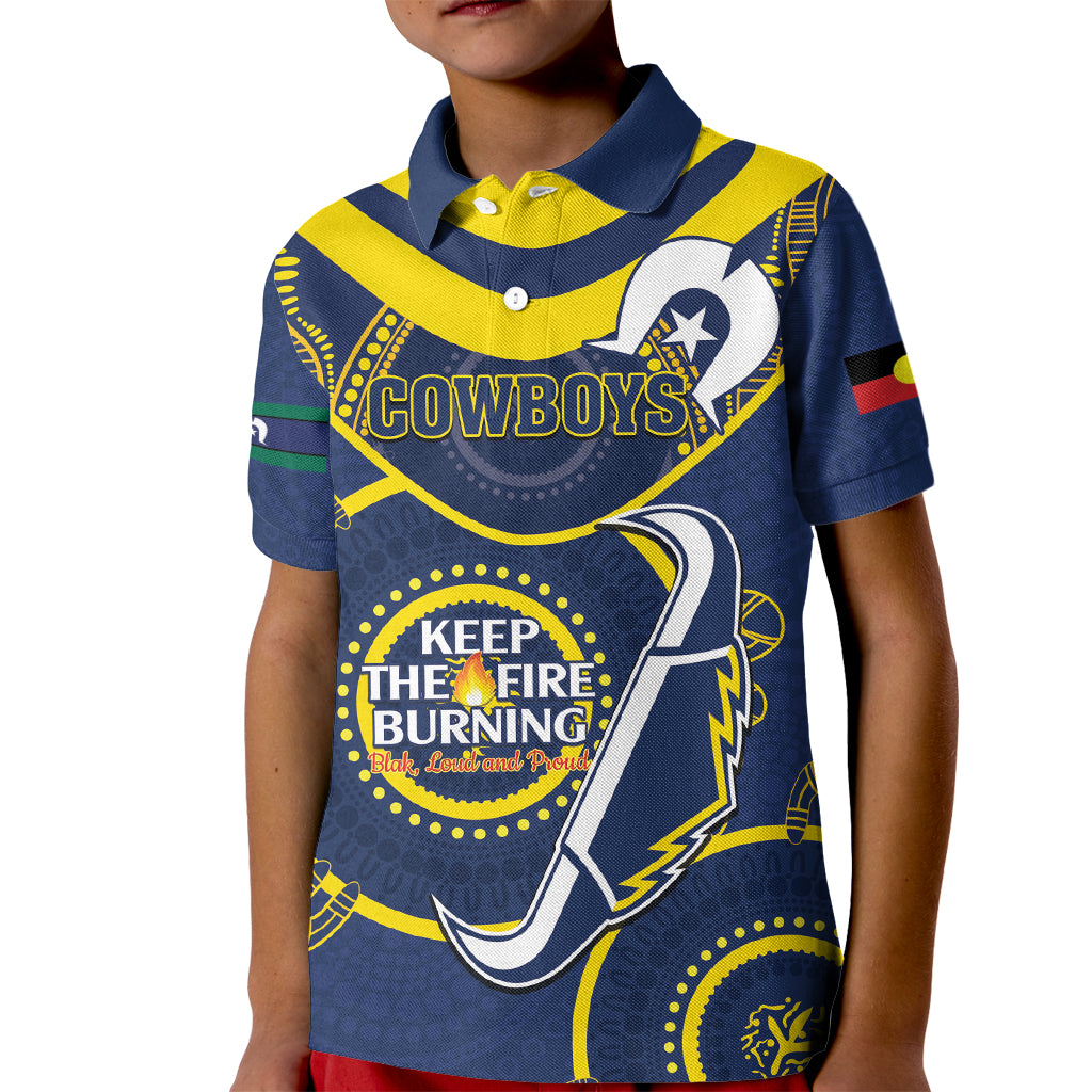 Custom NRL Cowboys NAIDOC Week Kid Polo Shirt Keep The Fire Burning Indigenous Art