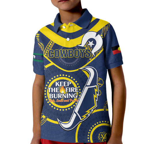 Custom NRL Cowboys NAIDOC Week Kid Polo Shirt Keep The Fire Burning Indigenous Art