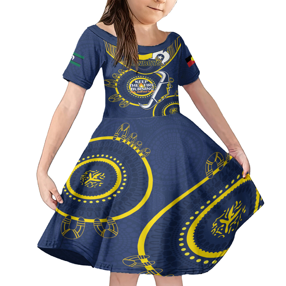 Custom NRL Cowboys NAIDOC Week Kid Short Sleeve Dress Keep The Fire Burning Indigenous Art
