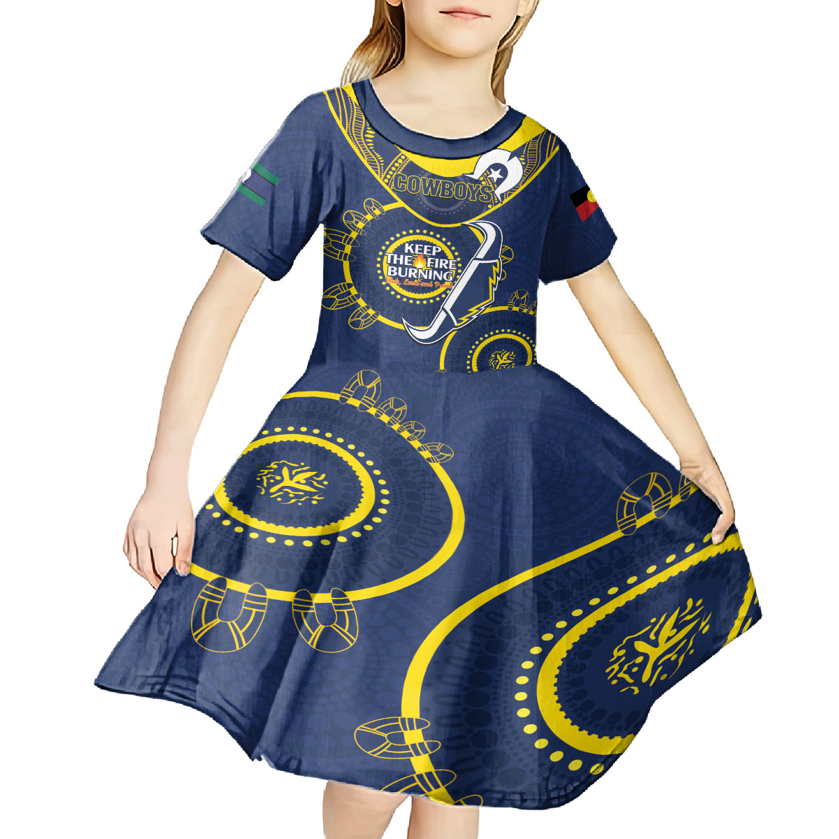 Custom NRL Cowboys NAIDOC Week Kid Short Sleeve Dress Keep The Fire Burning Indigenous Art