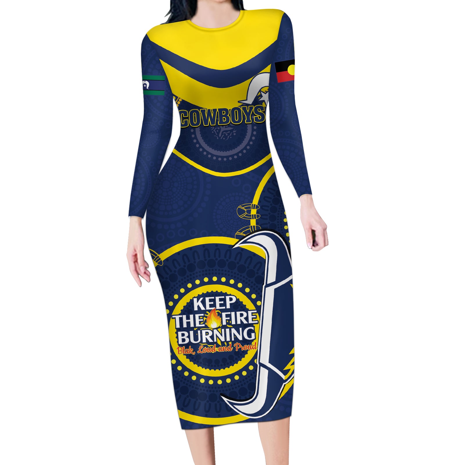 Custom NRL Cowboys NAIDOC Week Long Sleeve Bodycon Dress Keep The Fire Burning Indigenous Art