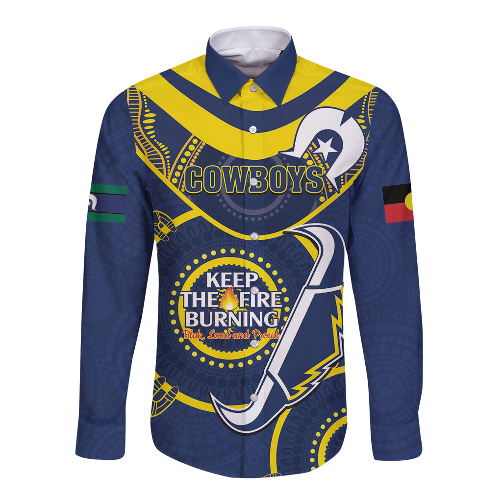 Custom NRL Cowboys NAIDOC Week Long Sleeve Button Shirt Keep The Fire Burning Indigenous Art