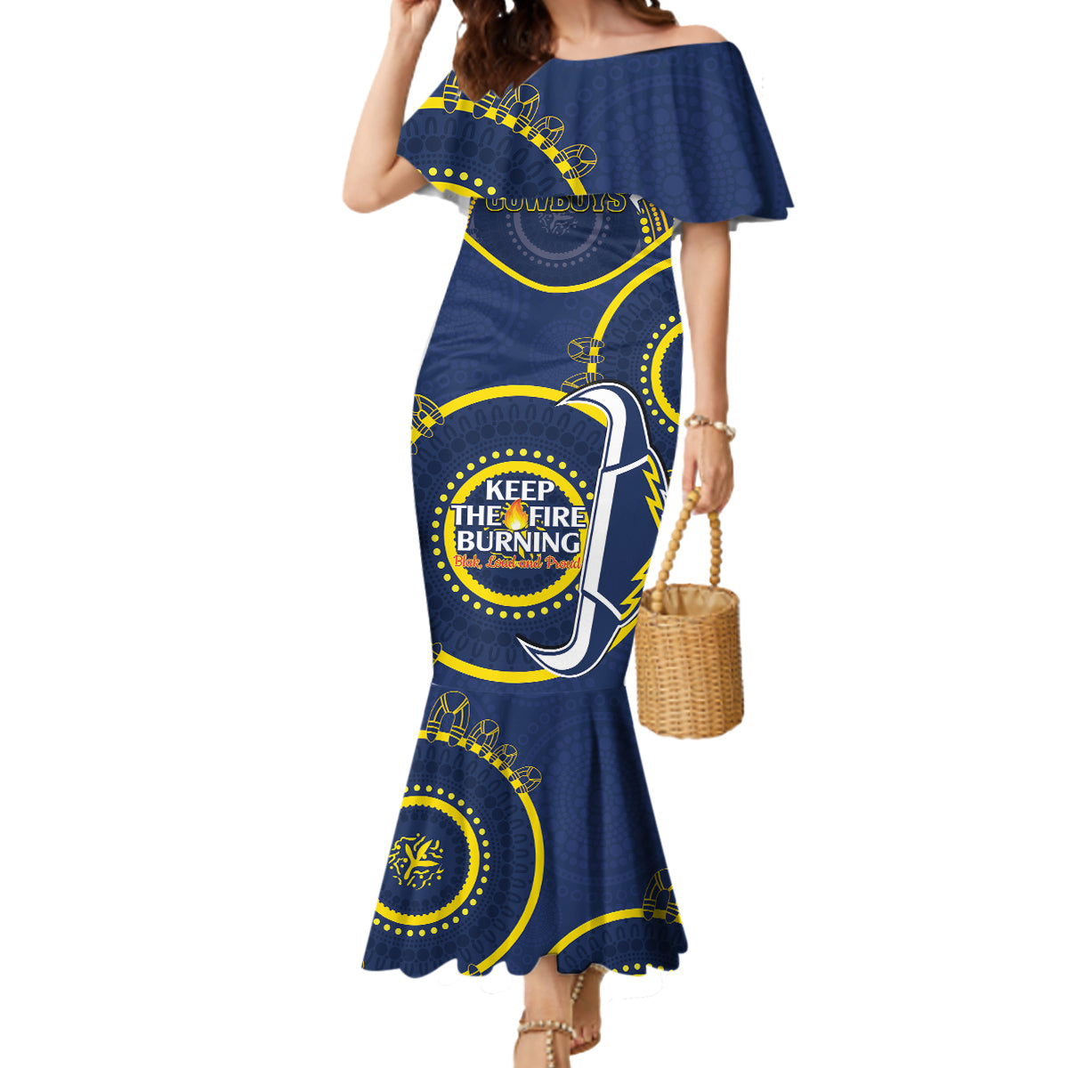 Custom NRL Cowboys NAIDOC Week Mermaid Dress Keep The Fire Burning Indigenous Art