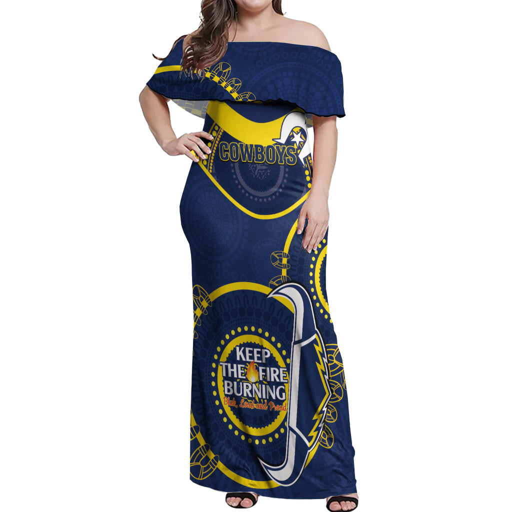 Custom NRL Cowboys NAIDOC Week Off Shoulder Maxi Dress Keep The Fire Burning Indigenous Art
