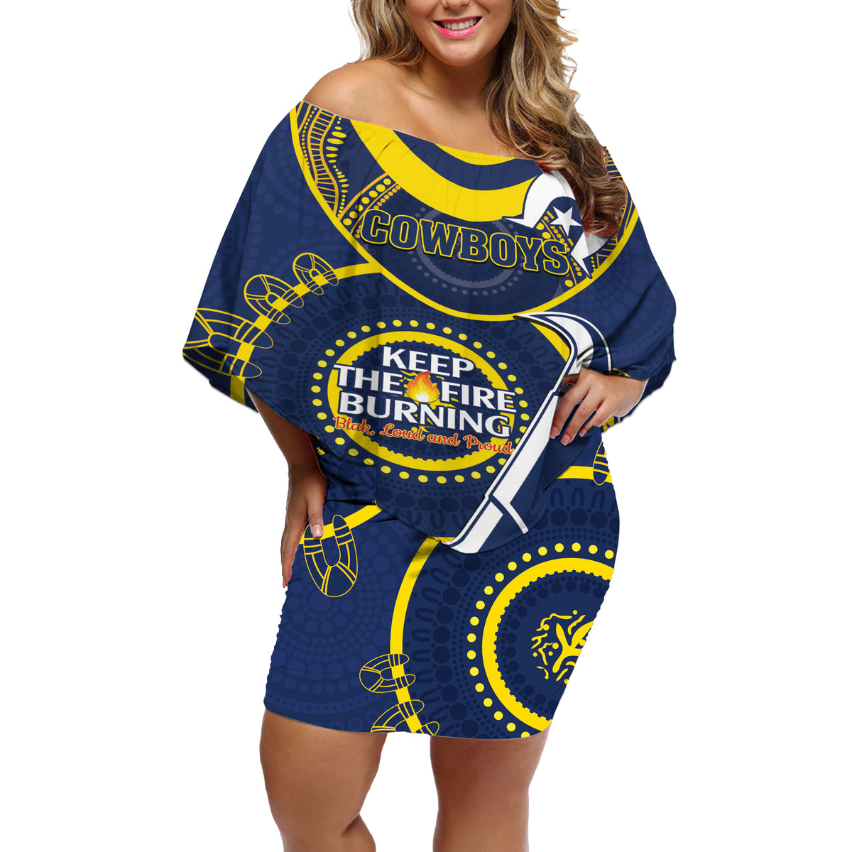 Custom NRL Cowboys NAIDOC Week Off Shoulder Short Dress Keep The Fire Burning Indigenous Art