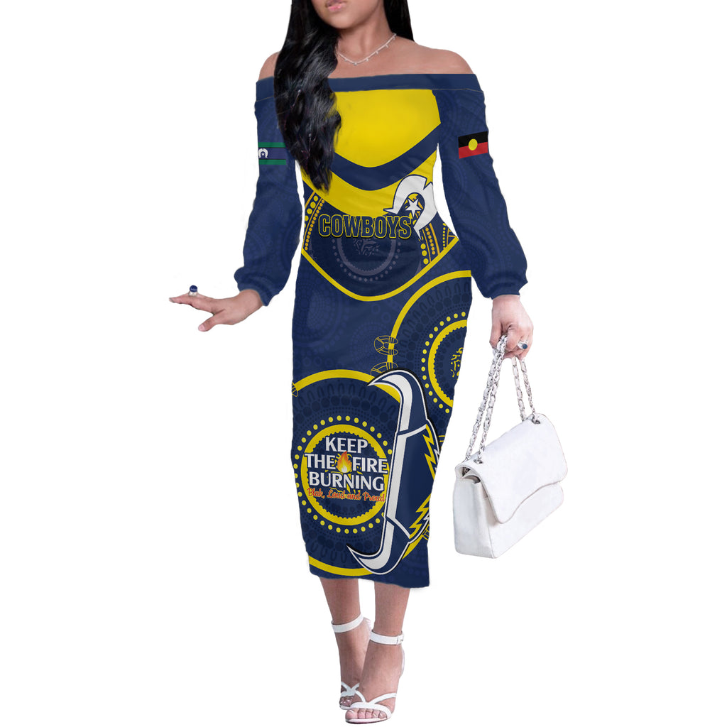 Custom NRL Cowboys NAIDOC Week Off The Shoulder Long Sleeve Dress Keep The Fire Burning Indigenous Art