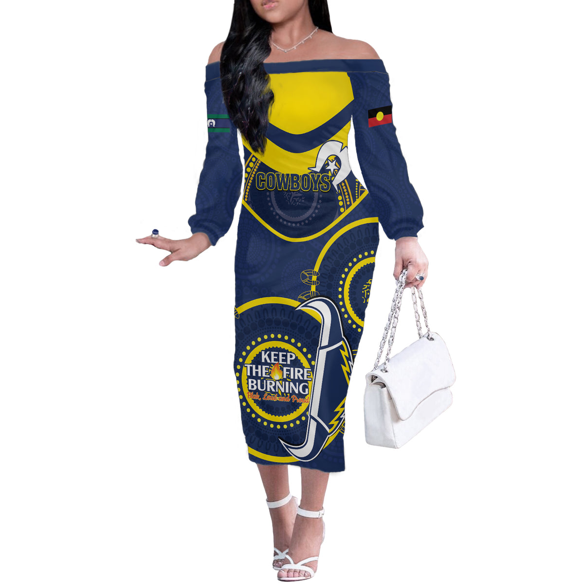 Custom NRL Cowboys NAIDOC Week Off The Shoulder Long Sleeve Dress Keep The Fire Burning Indigenous Art