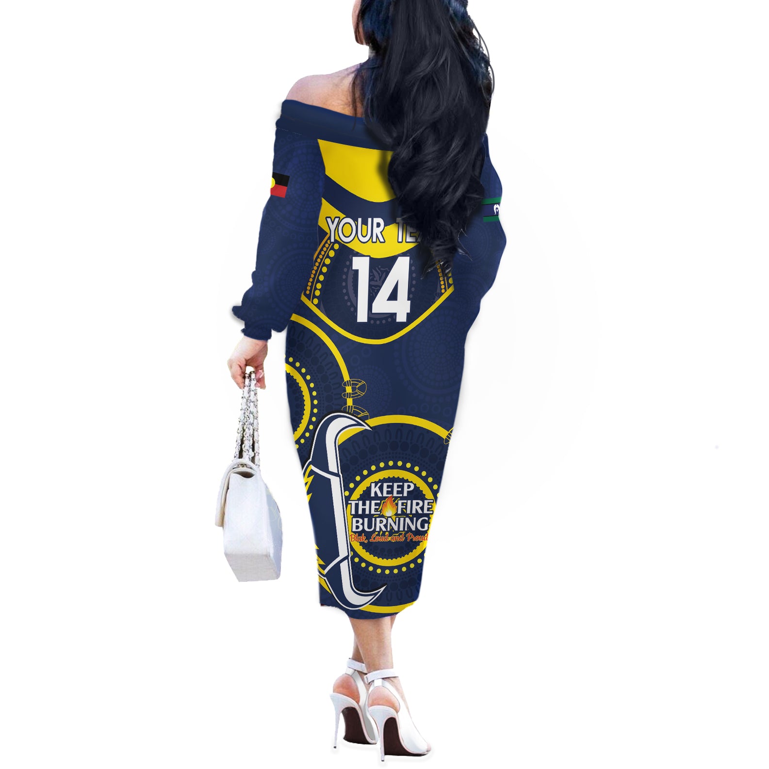 Custom NRL Cowboys NAIDOC Week Off The Shoulder Long Sleeve Dress Keep The Fire Burning Indigenous Art