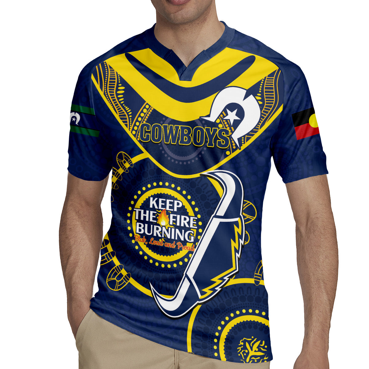 Custom NRL Cowboys NAIDOC Week Rugby Jersey Keep The Fire Burning Indigenous Art