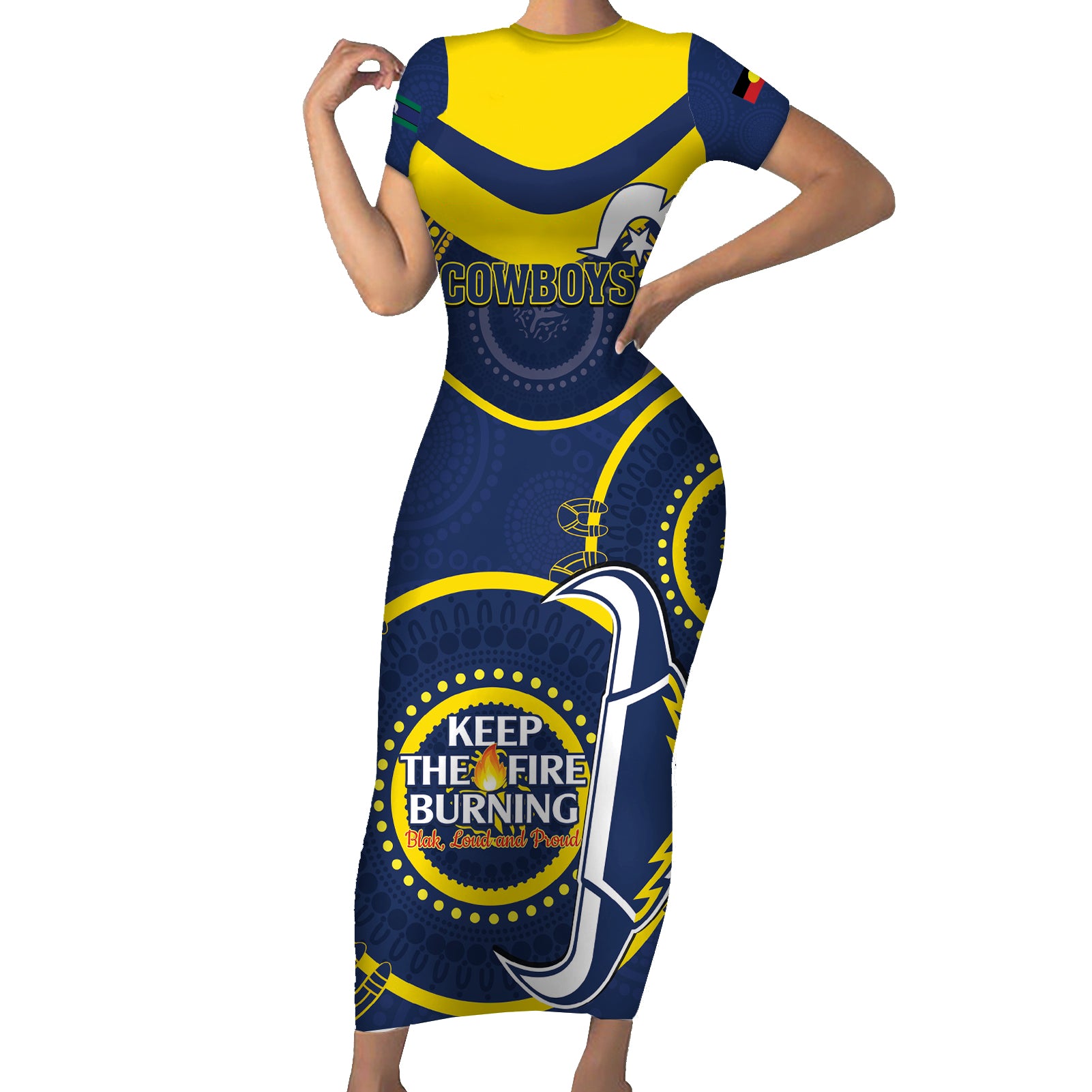Custom NRL Cowboys NAIDOC Week Short Sleeve Bodycon Dress Keep The Fire Burning Indigenous Art