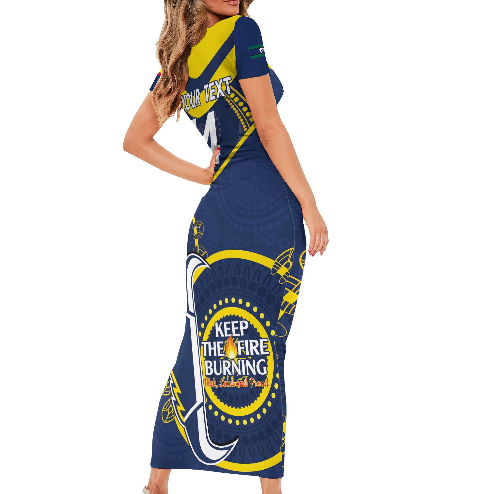 Custom NRL Cowboys NAIDOC Week Short Sleeve Bodycon Dress Keep The Fire Burning Indigenous Art