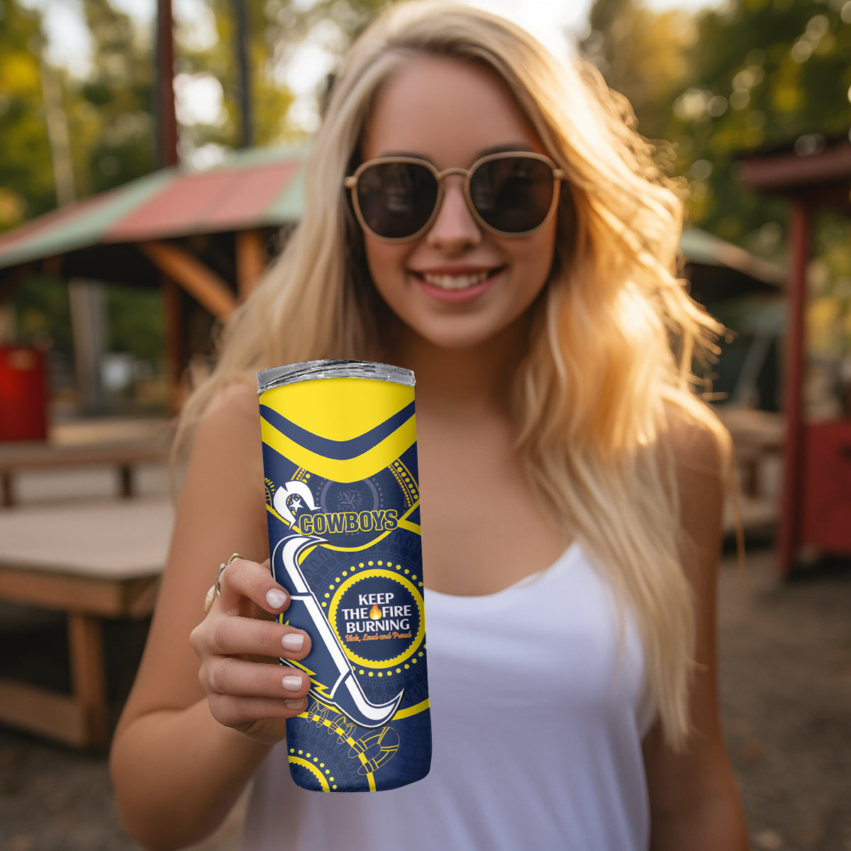 NRL Cowboys NAIDOC Week Skinny Tumbler Keep The Fire Burning Indigenous Art