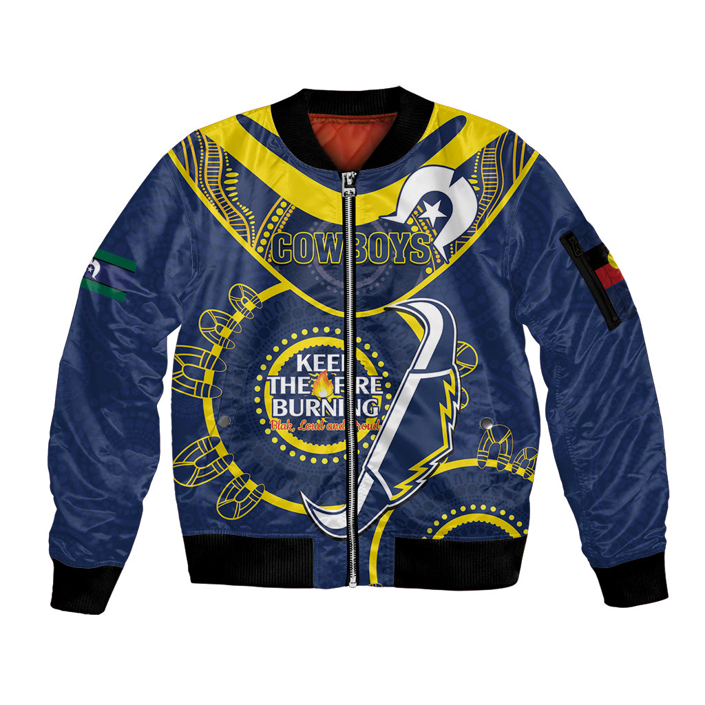 Custom NRL Cowboys NAIDOC Week Sleeve Zip Bomber Jacket Keep The Fire Burning Indigenous Art