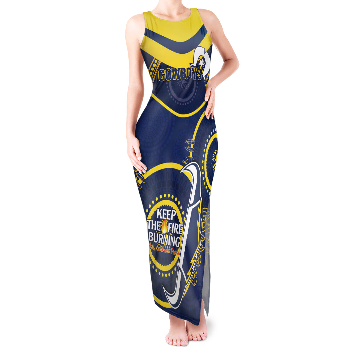 Custom NRL Cowboys NAIDOC Week Tank Maxi Dress Keep The Fire Burning Indigenous Art