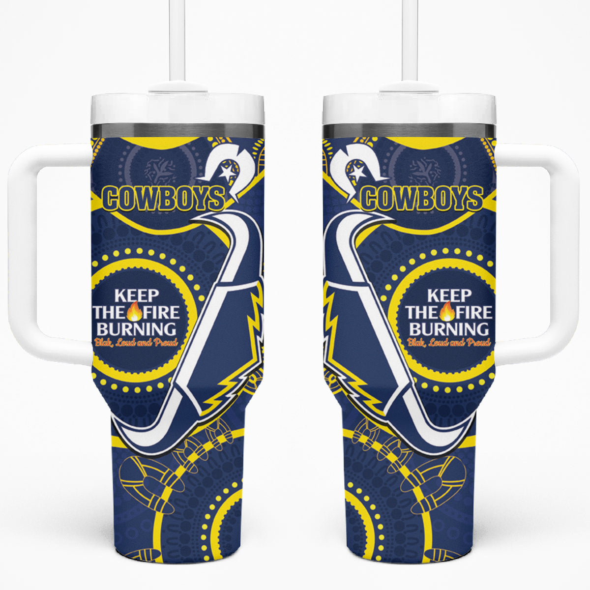 NRL Cowboys NAIDOC Week Tumbler With Handle Keep The Fire Burning Indigenous Art