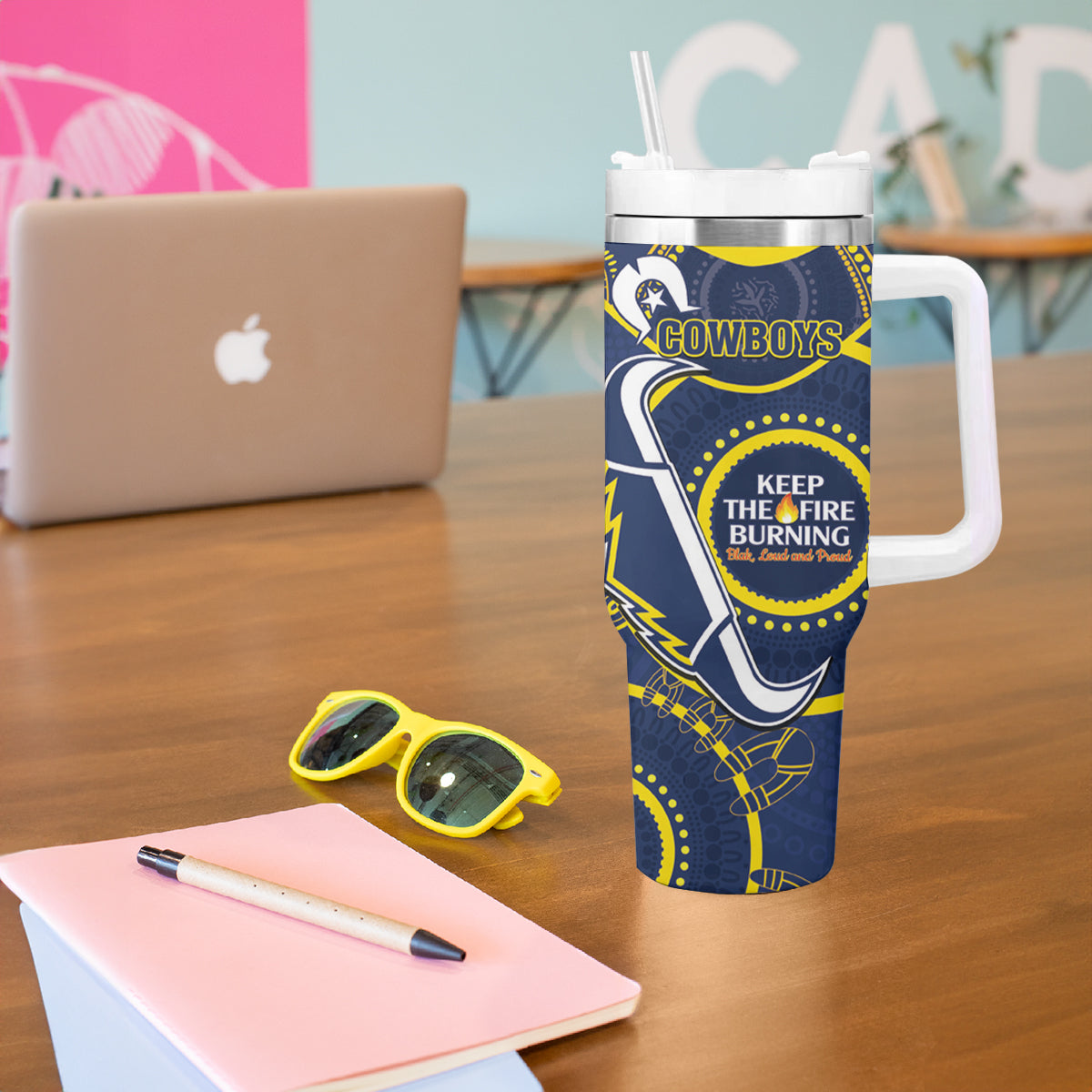 NRL Cowboys NAIDOC Week Tumbler With Handle Keep The Fire Burning Indigenous Art