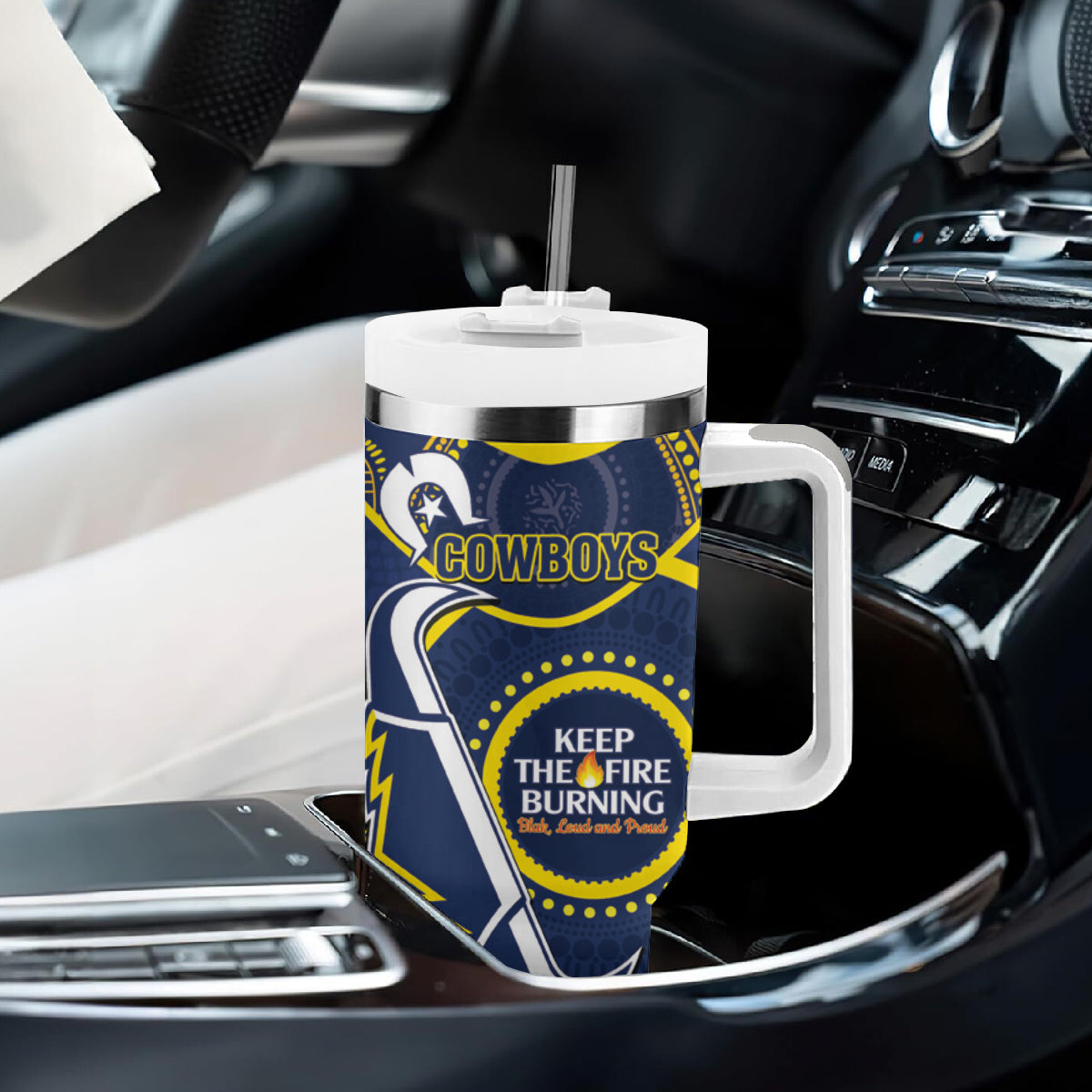 NRL Cowboys NAIDOC Week Tumbler With Handle Keep The Fire Burning Indigenous Art