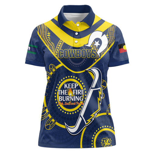 Custom NRL Cowboys NAIDOC Week Women Polo Shirt Keep The Fire Burning Indigenous Art