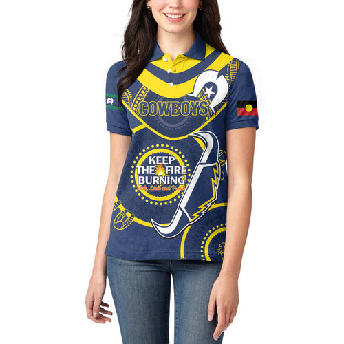 Custom NRL Cowboys NAIDOC Week Women Polo Shirt Keep The Fire Burning Indigenous Art