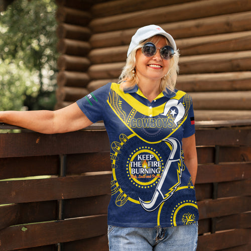 Custom NRL Cowboys NAIDOC Week Women Polo Shirt Keep The Fire Burning Indigenous Art