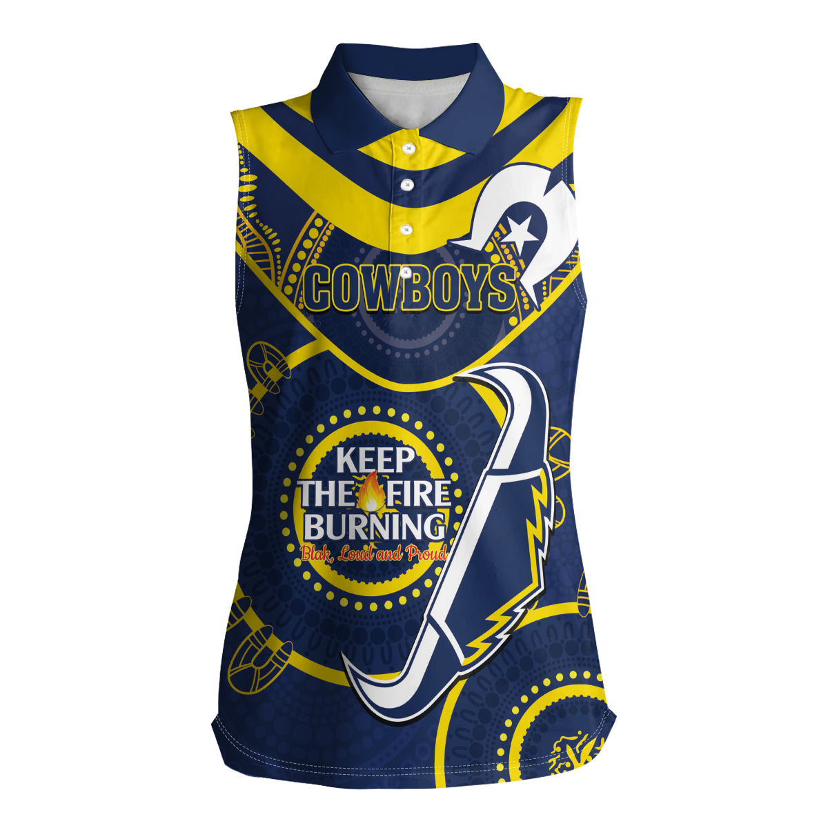 Custom NRL Cowboys NAIDOC Week Women Sleeveless Polo Shirt Keep The Fire Burning Indigenous Art