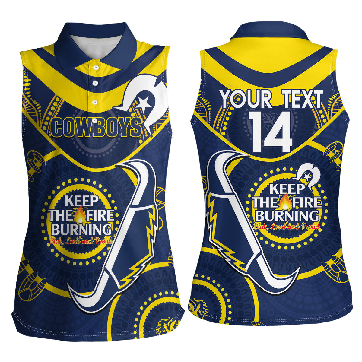 Custom NRL Cowboys NAIDOC Week Women Sleeveless Polo Shirt Keep The Fire Burning Indigenous Art
