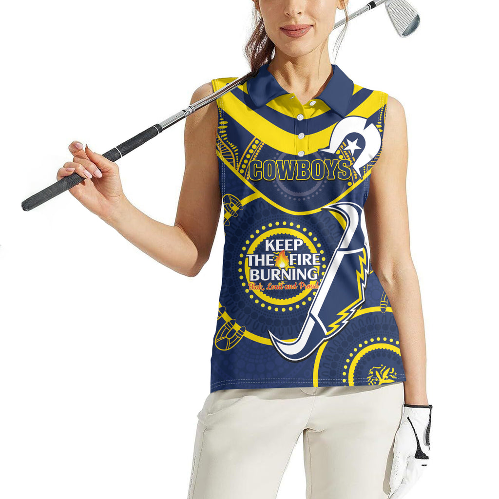 Custom NRL Cowboys NAIDOC Week Women Sleeveless Polo Shirt Keep The Fire Burning Indigenous Art