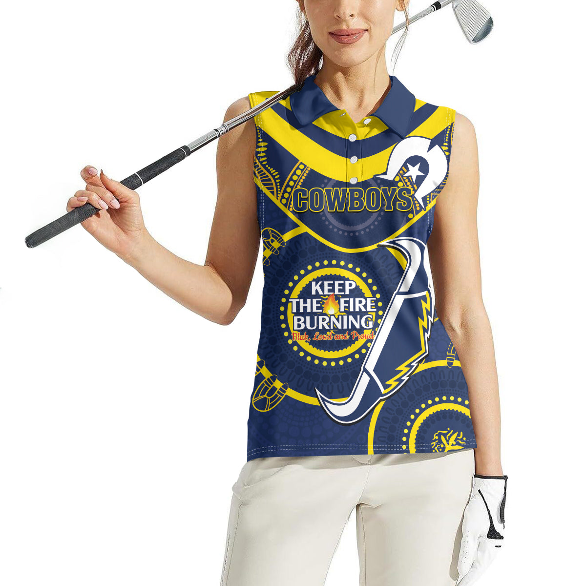 Custom NRL Cowboys NAIDOC Week Women Sleeveless Polo Shirt Keep The Fire Burning Indigenous Art