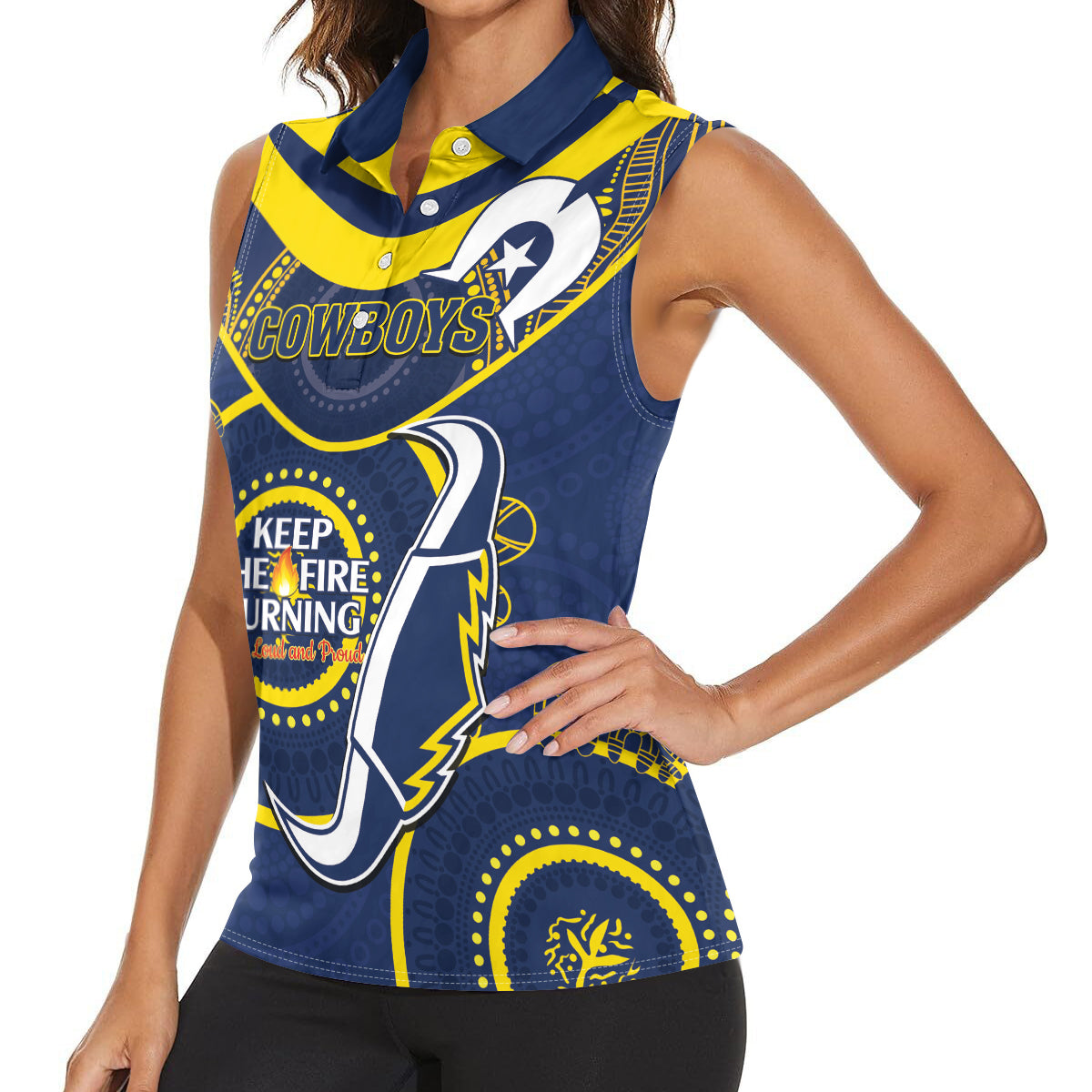Custom NRL Cowboys NAIDOC Week Women Sleeveless Polo Shirt Keep The Fire Burning Indigenous Art