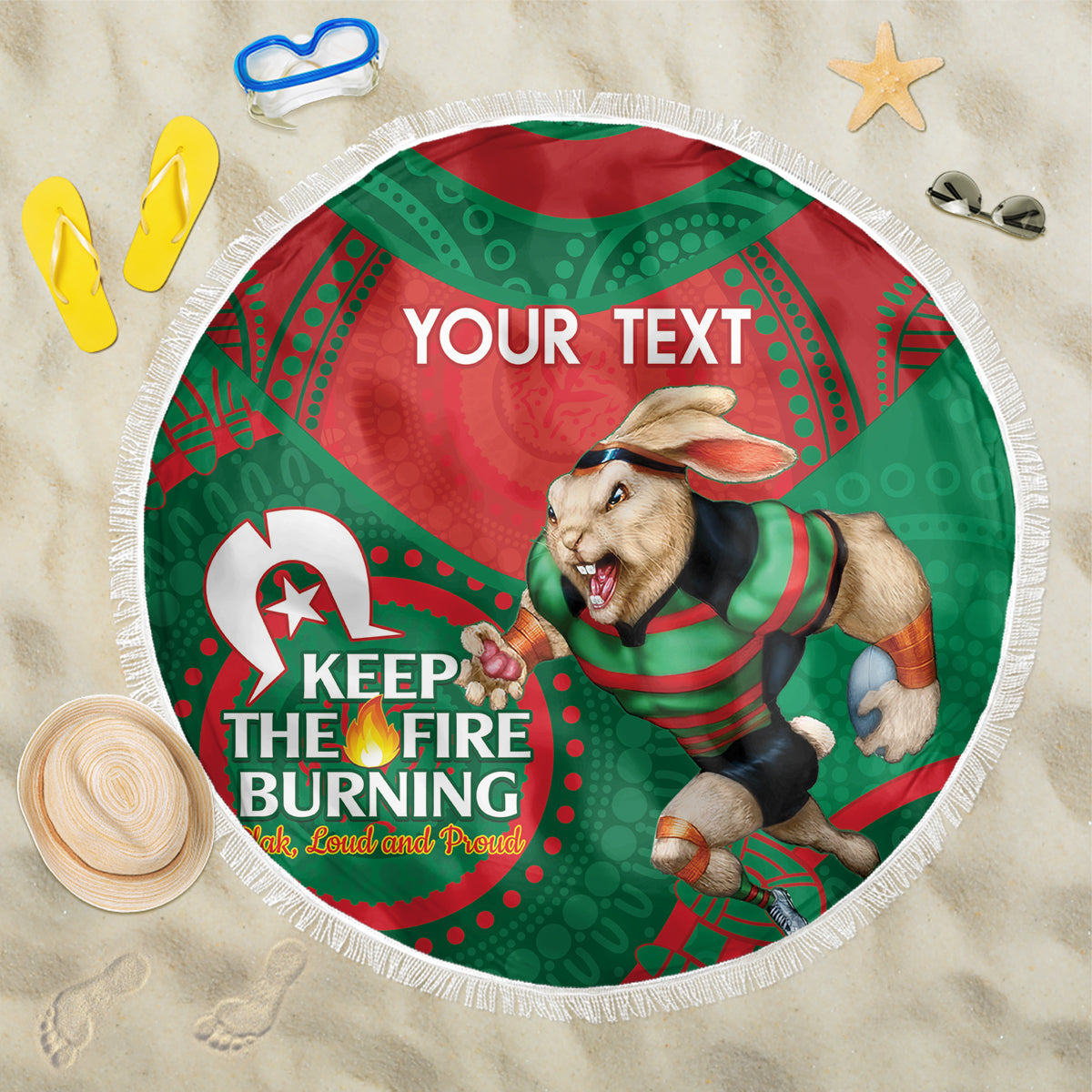 Custom NRL Rabbitohs NAIDOC Week Beach Blanket Keep The Fire Burning Indigenous Art