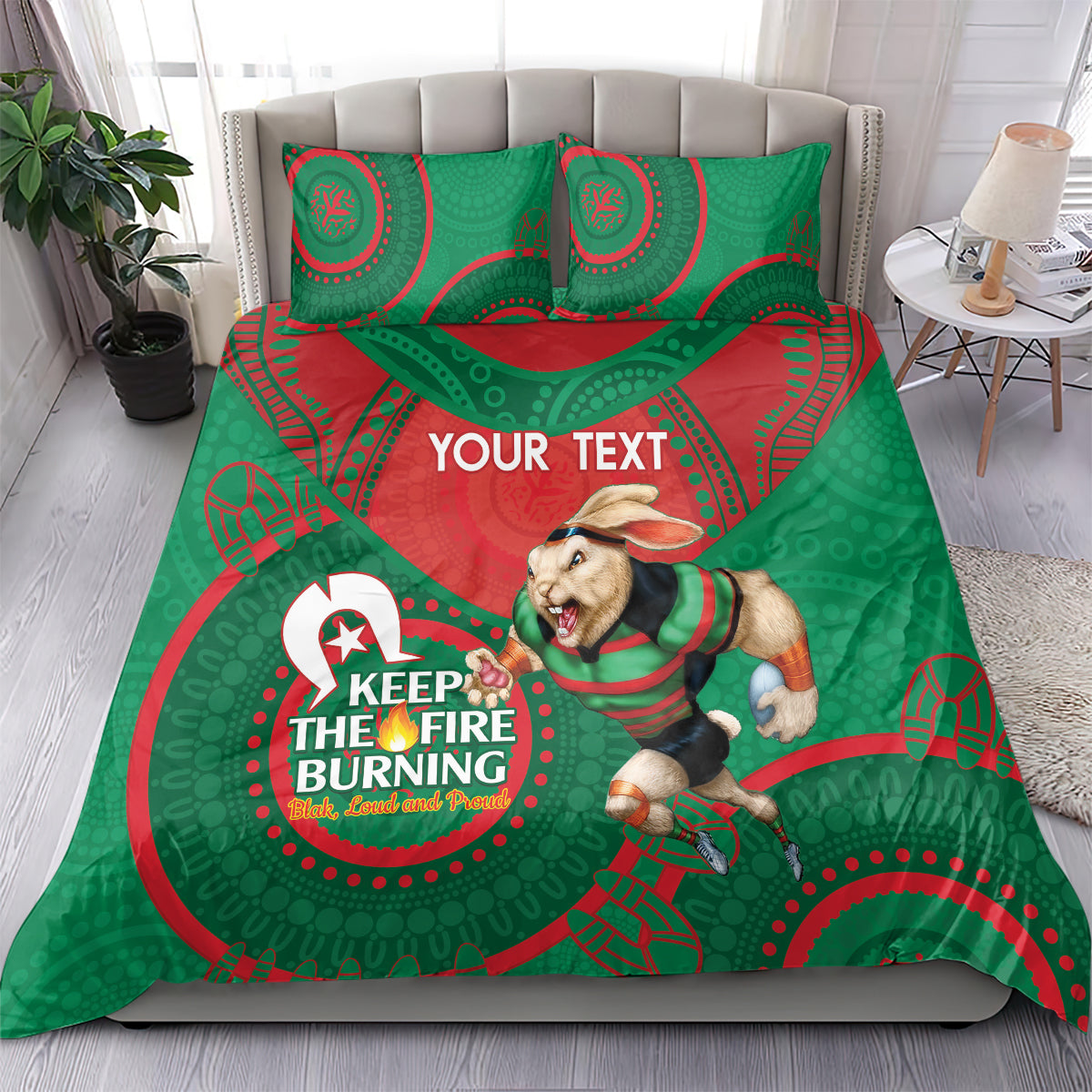 Custom NRL Rabbitohs NAIDOC Week Bedding Set Keep The Fire Burning Indigenous Art
