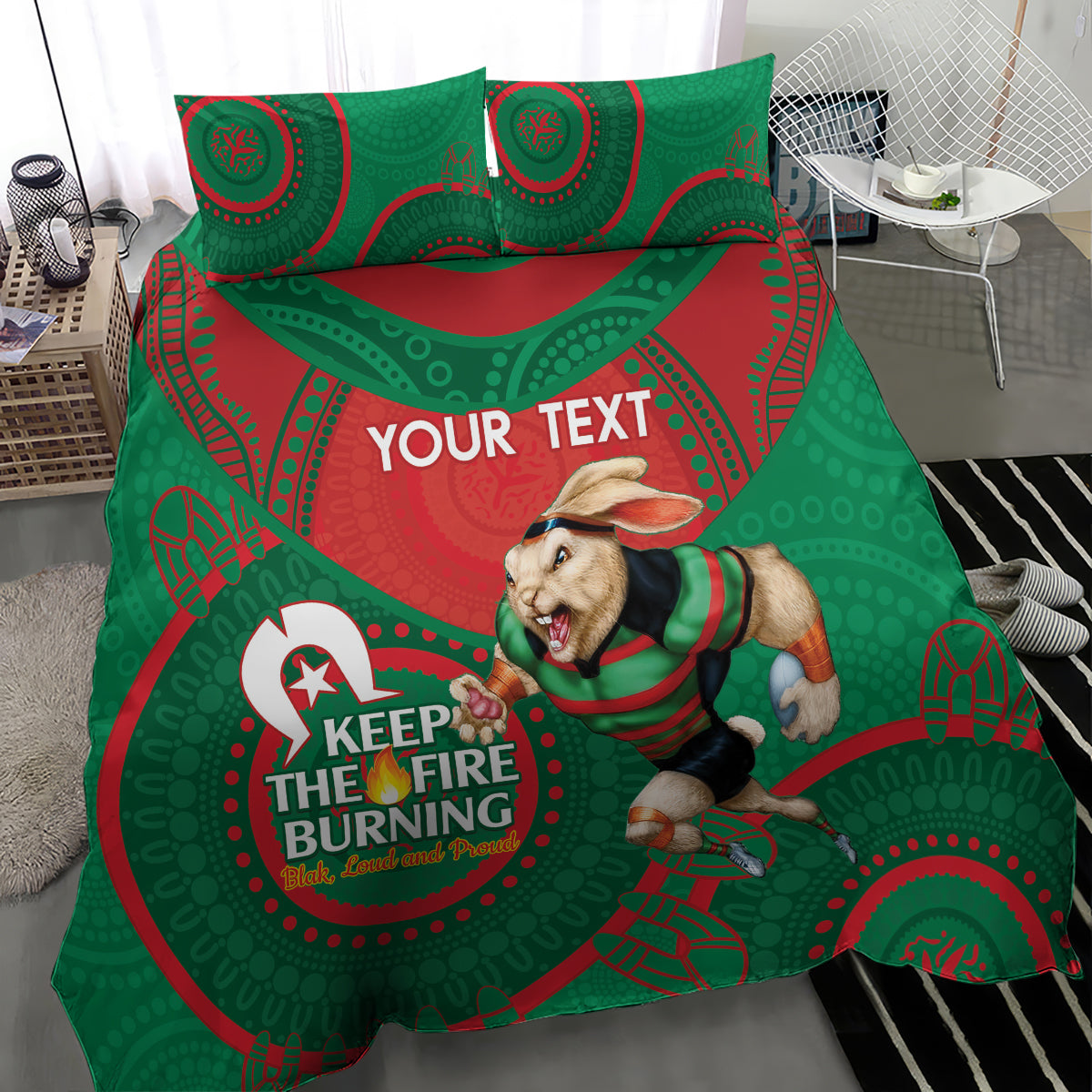 Custom NRL Rabbitohs NAIDOC Week Bedding Set Keep The Fire Burning Indigenous Art