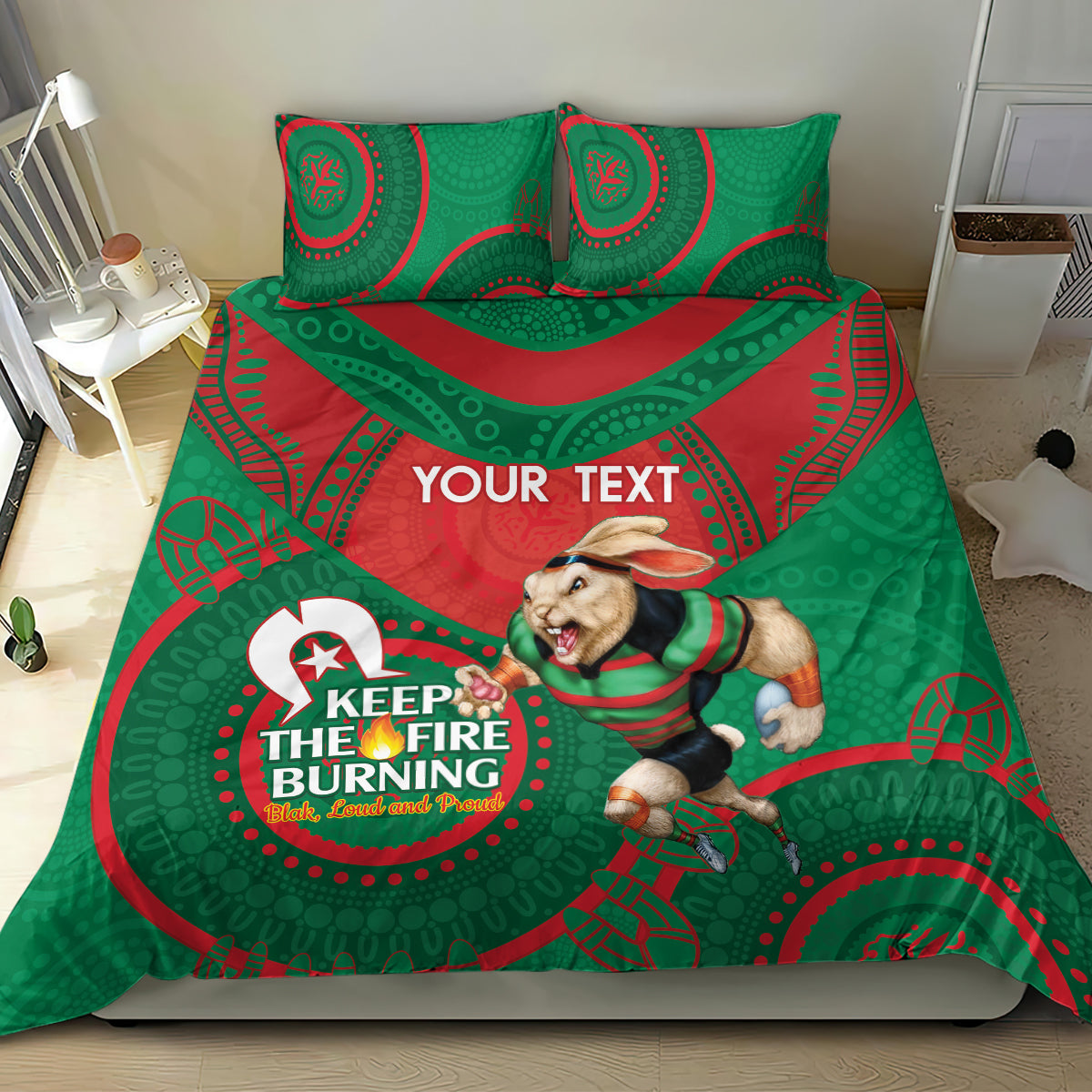 Custom NRL Rabbitohs NAIDOC Week Bedding Set Keep The Fire Burning Indigenous Art