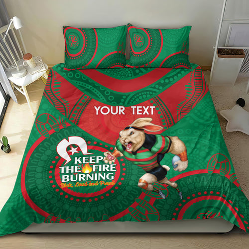 Custom NRL Rabbitohs NAIDOC Week Bedding Set Keep The Fire Burning Indigenous Art