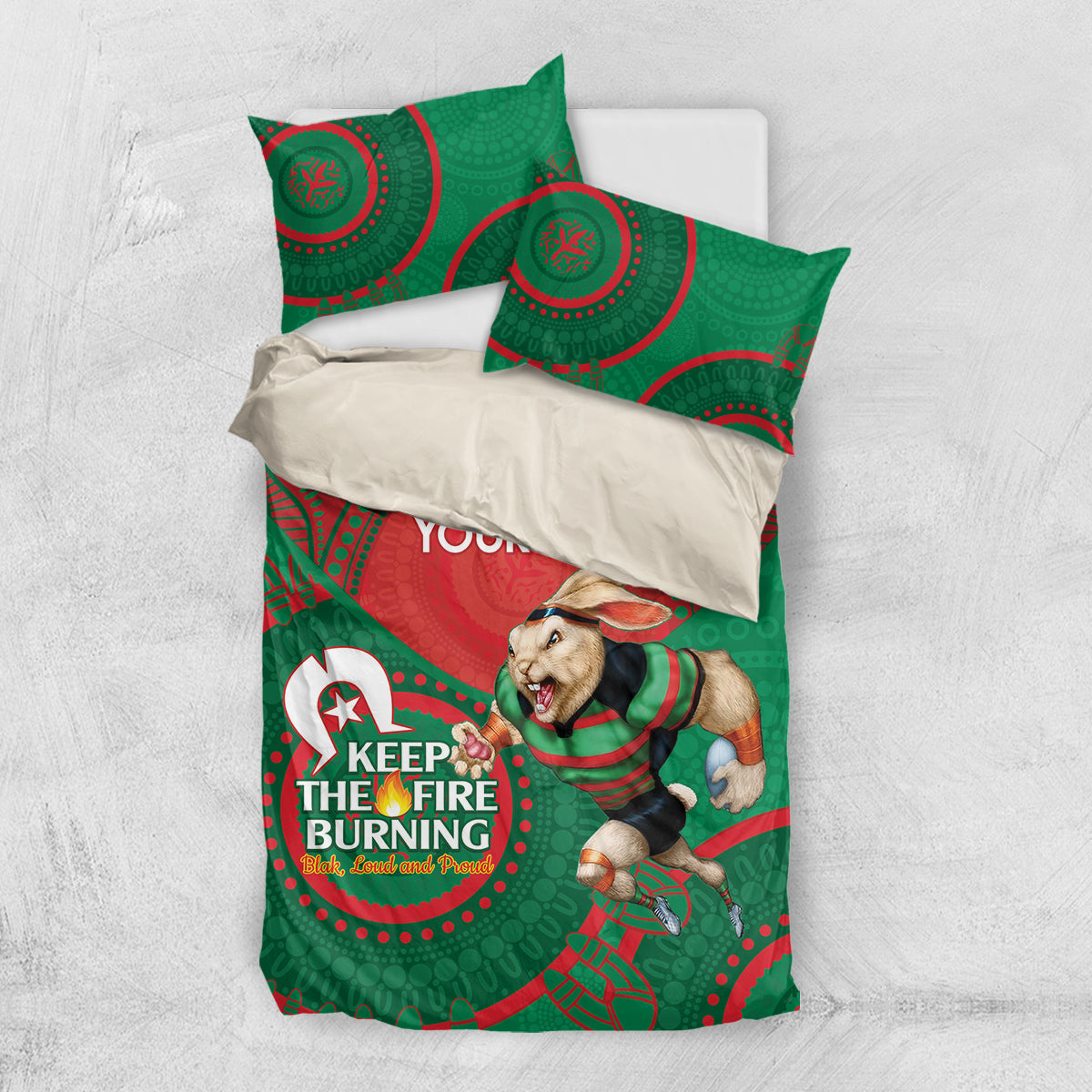 Custom NRL Rabbitohs NAIDOC Week Bedding Set Keep The Fire Burning Indigenous Art