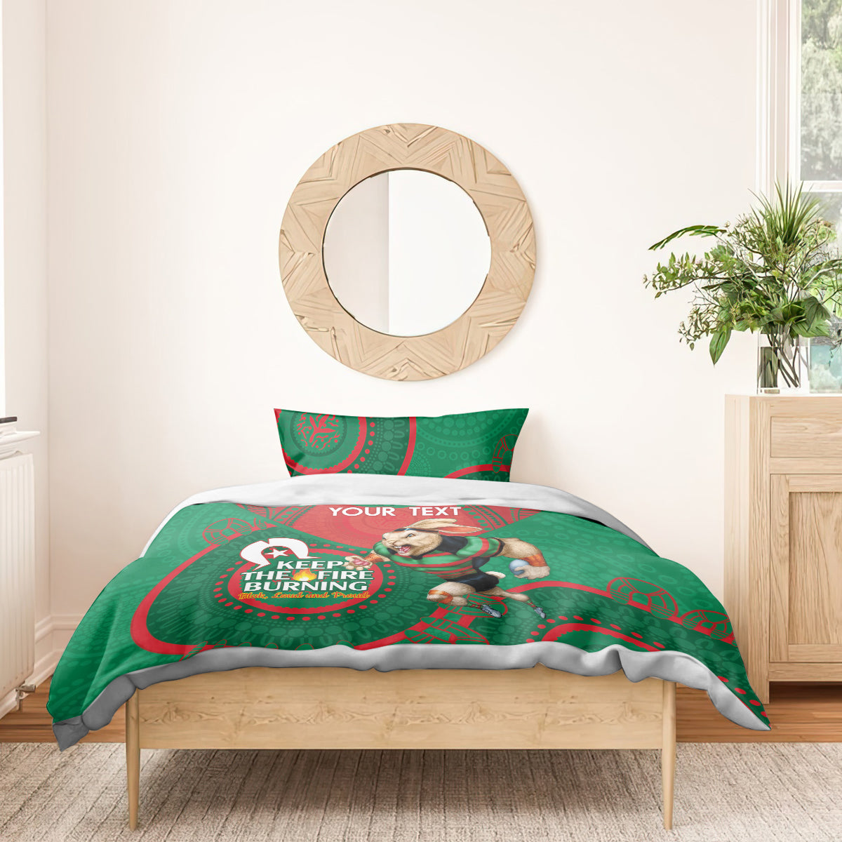 Custom NRL Rabbitohs NAIDOC Week Bedding Set Keep The Fire Burning Indigenous Art