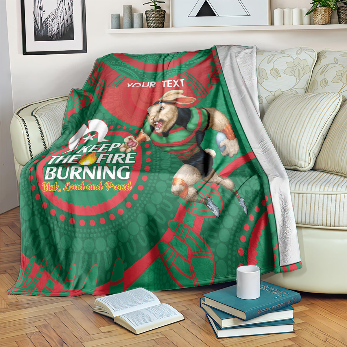 Custom NRL Rabbitohs NAIDOC Week Blanket Keep The Fire Burning Indigenous Art