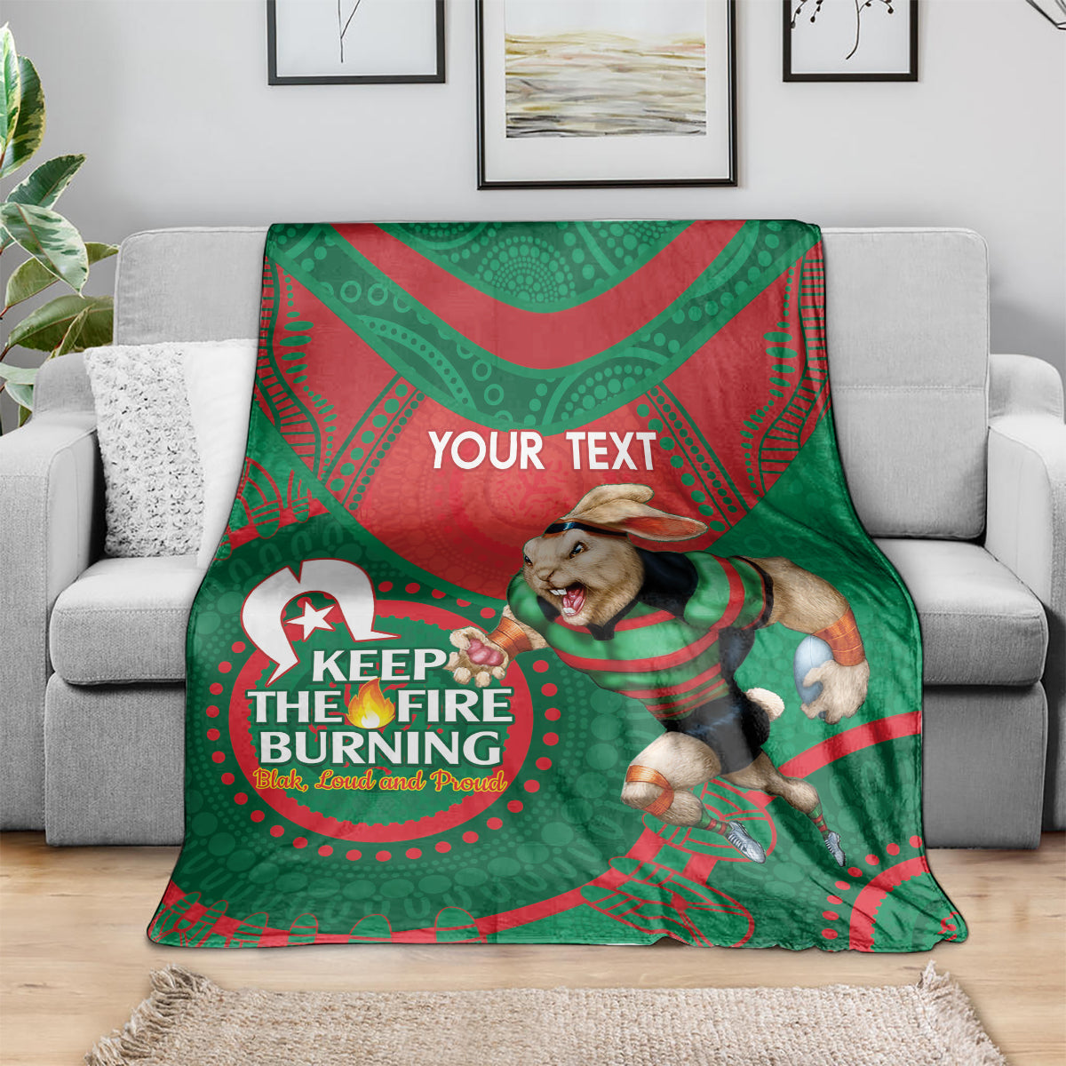 Custom NRL Rabbitohs NAIDOC Week Blanket Keep The Fire Burning Indigenous Art