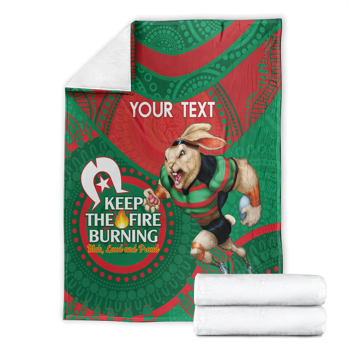 Custom NRL Rabbitohs NAIDOC Week Blanket Keep The Fire Burning Indigenous Art