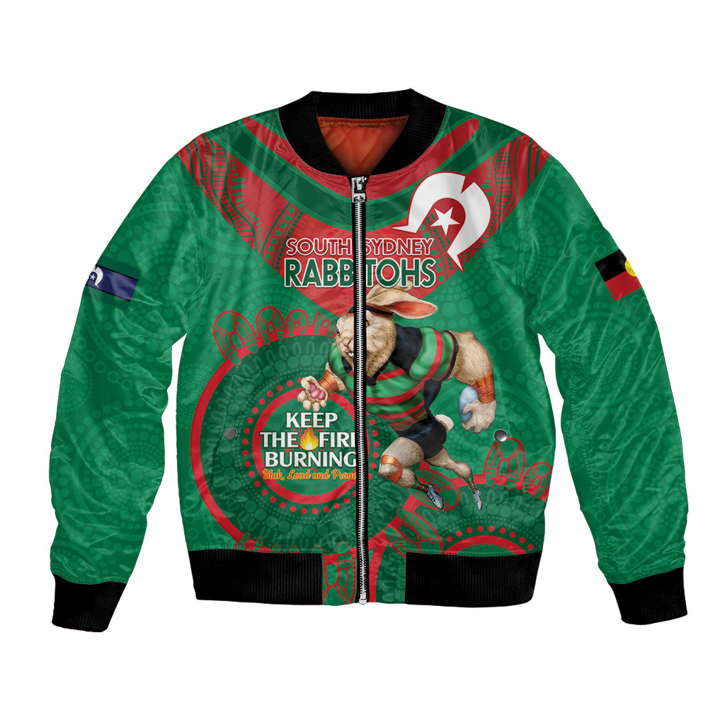 Custom NRL Rabbitohs NAIDOC Week Bomber Jacket Keep The Fire Burning Indigenous Art