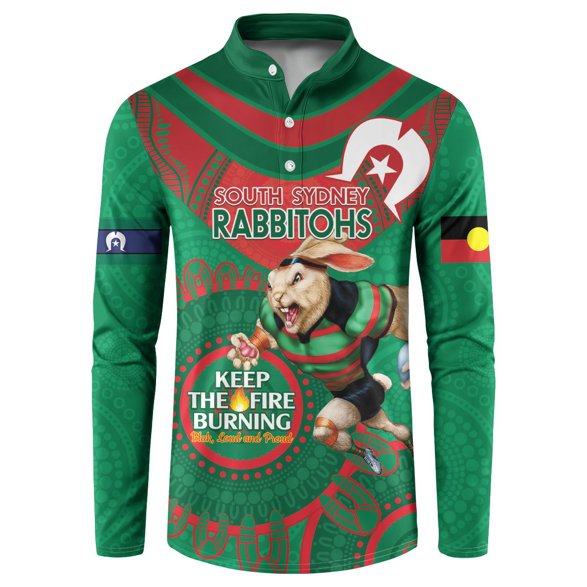 Custom NRL Rabbitohs NAIDOC Week Button Sweatshirt Keep The Fire Burning Indigenous Art