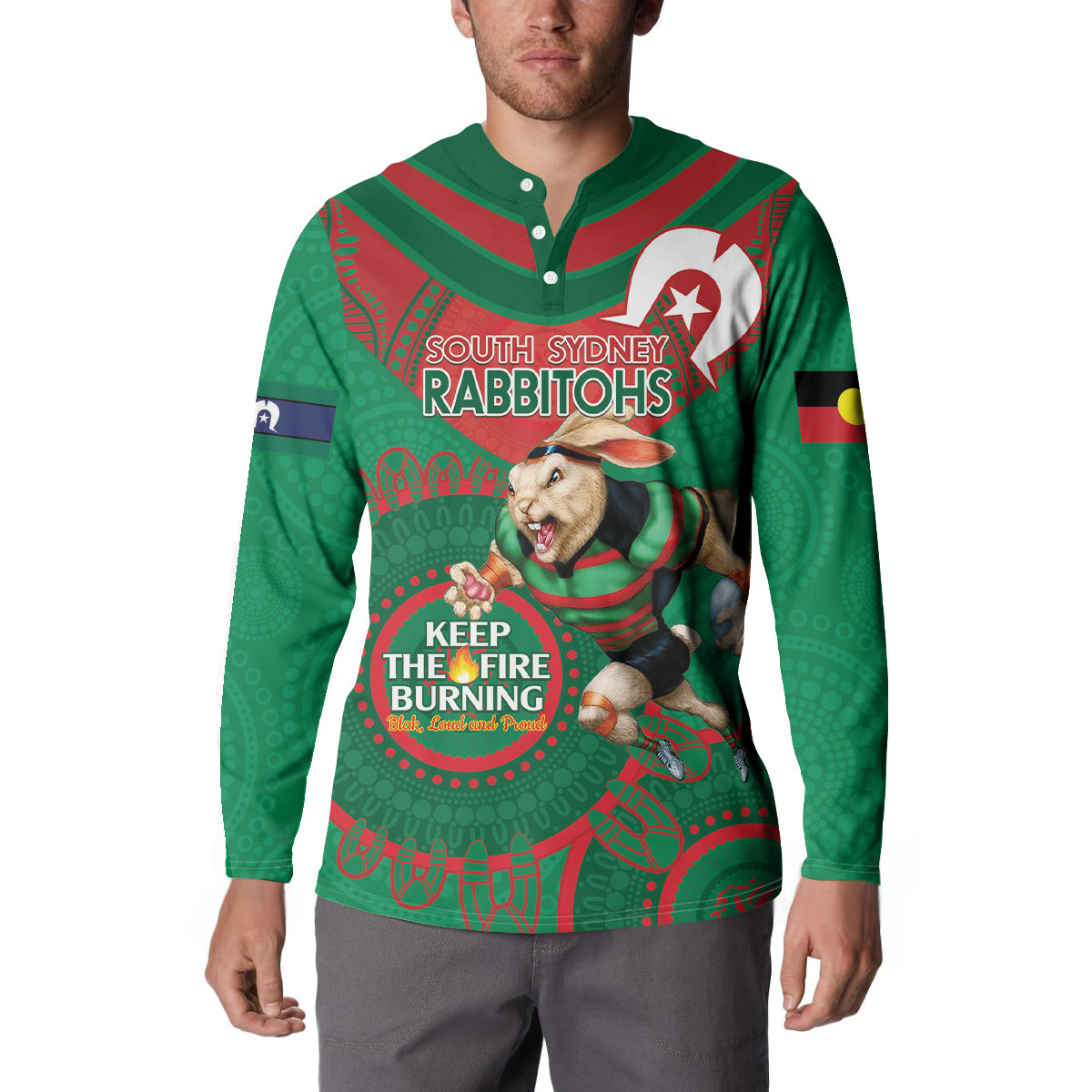 Custom NRL Rabbitohs NAIDOC Week Button Sweatshirt Keep The Fire Burning Indigenous Art